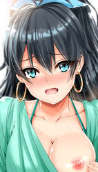 aqua_eyes areola black_hair blush breasts breasts_out cleavage collar_tug earrings flashing hibiki_ganaha idolmaster inu_(marukome) looking_at_viewer nipples oerba_yun_fang one_breast_out open_mouth sweat