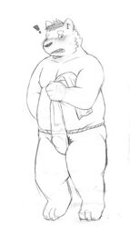 2014 absurd_res anthro asian_clothing belly blush bulge clothing east_asian_clothing fundoshi genital_outline hi_res japanese_clothing kemono male male_only mammal moobs nipples overweight overweight_male penis_outline pubes simple_background solo underwear ursid v2wolf white_background