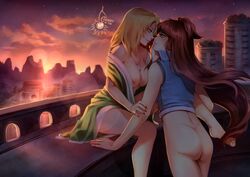 2girls areolae arm_support ass backlighting balcony barefoot blonde_hair bottomless breasts brown_hair cherryinthesun clavicle crystal dimples_of_venus dusk eye_contact face-to-face feet female female_only fingernails flat_ass floating_hair green_eyes green_kimono hair_between_eyes imminent_kiss jacket jewelry kimono large_breasts lens_flare long_hair looking_at_another low_twintails medium_breasts mei_terumi mountainous_horizon multiple_girls nail_polish naruto naruto_shippuden necklace nipples no_bra one_side_up open_clothes open_kimono outdoors parted_lips red_nails ruins sitting sky sleeveless sleeveless_jacket star_(sky) starry_sky tied_hair toenails topknot tsunade twintails very_long_hair wafuku yellow_eyes yuri