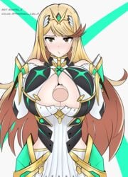 1boy 1girls armor bangs blush breasts cleavage closed_mouth colored disembodied_penis dress earrings female gatyo_5 gem hair_ornament headpiece jewelry large_breasts long_hair looking_at_viewer marshallleea mythra nintendo nipple_slip nipples nude paizuri penis perpendicular_paizuri rex_(xenoblade) simple_background staring swept_bangs tiara very_long_hair xenoblade_(series) xenoblade_chronicles_2