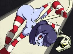 1girls arm_sleeves ass blue_hair blue_skin coffeelot female female_only hair_over_one_eye lab_zero_games leggings leviathan_(skullgirls) pole_dancing red_eyes simple_background skullgirls solo squigly striped_legwear wide_hips zombie zombie_girl