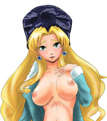 artist_request blonde_hair blush breasts capcom clothing earrings exposed_breasts female female_only green_eyes hat kalinka_cossack large_breasts mega_man mega_man(classic) nipples open_clothes open_mouth solo