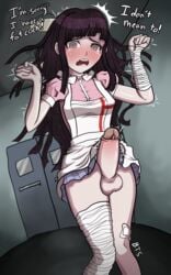 bandage bt5 danganronpa danganronpa_2:_goodbye_despair dialogue embarrassed futa_only futanari looking_at_viewer open_mouth penis pov presenting_penis solo_futa straight_hair talking_to_viewer testicles tsumiki_mikan uncensored