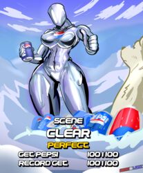 1girls abs anthro biskblizk large_breasts low-angle_view mascot metal_skin muscular muscular_female muscular_thighs pepsi pepsiwoman polar_bear shiny_skin snow soda_can solo_focus superhero thick_thighs thumbs_up wide_hips