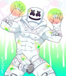 1boy abs bara big_penis chris_comstock clothed clothing edm erection feet_out_of_frame fermrviper fingerless_gloves gay gloves headphones looking_at_viewer male male_only marshmello mask masked muscles muscular muscular_male musician nipple_piercing penis real_person simple_background solo spread_legs white_body white_skin