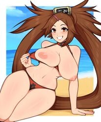 1girls afrobull arc_system_works artist_name big_breasts brown_eyes brown_hair eye_contact female flashing guilty_gear kuradoberi_jam looking_at_viewer sand smile solo solo_focus sweat swimsuit teeth thick_thighs water