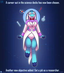 1girls 2019 anthro atom big_breasts blueberry_kobold bow_tie breasts clothing coat digital_media_(artwork) drxii english_text eyewear female female_only florence_flask genitals goggles helium hi_res kobold kobold_quest lab_coat laboratory_equipment laboratory_glassware non-mammal_breasts nude open_mouth patreon pussy red_eyes reptile scalie scientific_instrument signature solo test_tube text topwear url