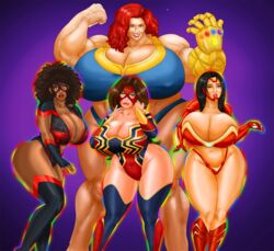 4girls avengers bikini_armor bimbo bimbofication black_hair breasts_bigger_than_head brown_hair cosplay curly_hair dark-skinned_female dark_skin female female_only gender_transformation genderswap_(mtf) huge_breasts human human_only infinity_gauntlet iron_man iron_spider larger_female light-skinned_female light_skin long_hair looking_pleasured marvel marvel_comics mature mature_female miles_morales multiple_girls muscular_female nipple_bulge no_nude peter_parker red_hair revealing_clothes saturnxart smile species_transformation spider-man spider-man_(series) straight_hair thanos tony_stark transformation wide_hips