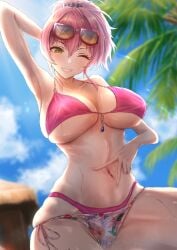 1girls 2022 arm_up armpits belly_button blush breasts female female_only gyaru hi_res hips huge_breasts idolmaster idolmaster_cinderella_girls jougasaki_mika long_hair looking_at_viewer naughty_face pink_bikini pink_hair ponytail shaddoll_fusion slim_waist smile suggestive_look sunglasses sunglasses_on_head thick_thighs thighs tied_hair wet wet_body wide_hips yellow_eyes