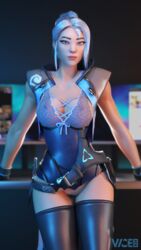 1girls 3d alone blue_eyes breasts cleavage desk female female_only jett_(valorant) lingerie looking_at_viewer mascara nipples_visible_through_clothing riot_games solo streamer tied_hair transparent_clothing valorant vicer34 white_hair