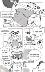 2020 after2 afternoon_(artist) animal_crossing anthro bottomwear canid canine chibi closed_eyes english_text exercise felid furry genitals greeting highres humanoid_hands male male_only mammal monochrome muscular nintendo nipples pantherine pecs penis raccoon_dog shirt shorts tanuki text tiger tom_nook topwear workout