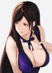 1girls big_breasts black_hair blue_dress breasts brown_eyes brown_hair cleavage collarbone crescent crescent_earrings dress earrings female female_only final_fantasy final_fantasy_vii final_fantasy_vii_remake hands_on_own_breasts j@ck jewelry lace lace-trimmed_dress lace_trim large_breasts long_hair looking_at_viewer nipples nipples_visible_through_clothing purple_dress red_eyes simple_background sleeveless sleeveless_dress solo solo_female solo_focus tifa_lockhart white_background