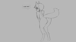 16:9 1girls 2020 anthro breasts canid canine dialogue english_text female female_only fox fur genitals grey_background hair mammal monochrome nipples nude pose pussy simple_background solo text watsup widescreen