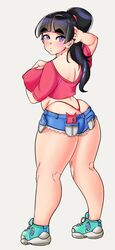 ass_cleavage big_ass big_butt black_hair butt_crack cellphone ebino_mei hatsukoi_zombie hotpants huge_ass huge_breasts keigi_(artist) large_breasts looking_at_viewer looking_back ponytail short_shorts shorts sneakers thick_eyebrows thick_thighs thong whale_tail