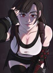 1girls black_hair breasts cleavage eyelashes female female_only final_fantasy final_fantasy_vii fringe hidden imminent_oral large_breasts long_hair looking_at_viewer red_eyes red_lipstick slim smile solo tabletorgy thighhighs tifa_lockhart