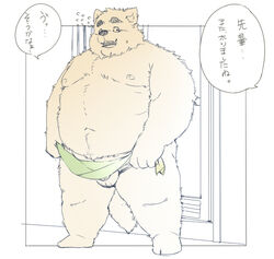 2020 anthro balls belly blush canid canine flaccid genitals humanoid_hands inunoshippo japanese_text kemono male male_only mammal moobs navel nipples overweight overweight_male penis solo text towel