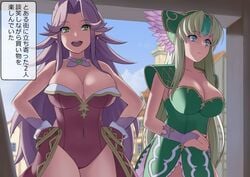 2girls angela angela_(seiken_densetsu_3) angela_(trials_of_mana) blonde_hair breasts fully_clothed green_eyes huge_breasts large_breasts looking_at_viewer multiple_girls purple_hair riesz seiken_densetsu seiken_densetsu_3 tagme time_stop translation_request trials_of_mana