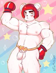 1boy anthro balls boxing_gloves fermrviper flaccid flexing furry helmet looking_at_viewer male male_only muscles muscular muscular_male muse_dash ola_(muse_dash) penis polar_bear simple_background solo testicles ursid white_fur