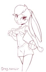 4_fingers anthro basketball bottomwear breasts clothed clothing clothing_lift crop_top female fingers flashing hi_res lagomorph leporid lola_bunny long_ears looking_at_viewer looney_tunes mammal midriff monochrome nipples portrait qrog rabbit shirt shirt_lift shorts simple_background sketch smile solo space_jam three-quarter_portrait topwear under_boob warner_brothers white_background