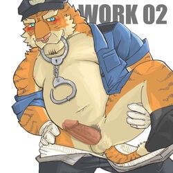 2013 anthro balls belly blush bottomwear clothed clothing erection felid genitals hat headgear headwear hi_res kemono male male_only mammal navel open_shirt overweight overweight_male pantherine pants penis police police_hat shirt solo text tiger topwear underwear v2wolf