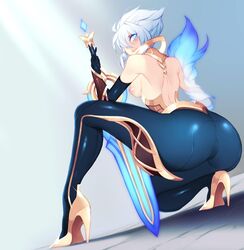 ass big_ass big_breasts blue_eyes breasts breasts_out chaos_and_order_series dawnbringer_riven gold_heels high_heels league_of_legends looking_at_viewer nanoless riot_games riven source_request sword weapon white_hair