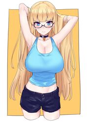 1girls armpits blonde_hair blush choker glasses gradient_eyes hands_behind_head huge_breasts light-skinned_female light_skin lina_bell_roll_(michihasu) long_hair looking_at_viewer michihasu midriff navel original original_character shorts sleeveless solo solo_female thighs