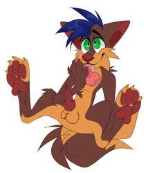 absurd_res anthro ass balls blue_hair canid canine dildo fox fox_tail fur genitals green_eyes hair hi_res innokesha knot licking littlecherryfox looking_at_viewer male male_only mammal multicolored_body nude paws penis pink_tongue sex_toy simple_background smile solo spread_legs spreading tongue tongue_out white_background young