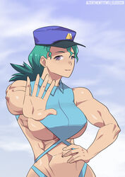 1girls abs alternate_breast_size alternate_outfit armpits belly big_breasts blue_hair breasts cleavage clothed clothes deviantart elee0228 eye_contact female female_only hat human large_breasts looking_at_viewer midriff muscles muscular muscular_female navel nintendo officer_jenny_(pokemon) pokemon pokemon_rgby pose purple_eyes revealing_clothes sideboob solo solo_female text watermark