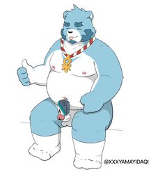 2020 anthro balls blue_body blue_fur bonasiah closed_eyes full_attack fur genitals humanoid_genitalia humanoid_hands humanoid_penis kemono male male_only mammal overweight overweight_male penis sitting solo tongue tongue_out ursid white_body white_fur xxxyamayidaqi 十泉介