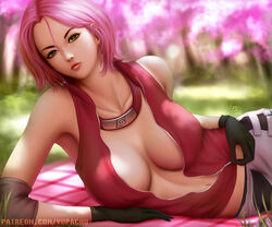 1girls black_gloves breasts cherry_blossoms cleavage female female_only forehead_protector gloves green_eyes large_breasts looking_at_viewer lying naruto naruto_shippuden navel on_side patreon picnic_blanket pink_hair sakura_haruno short_hair shounen_jump solo unzipped unzipping url yupachu