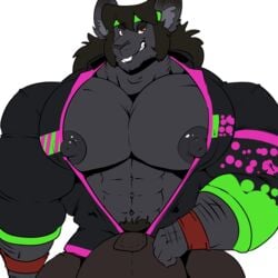 1:1 anthro bandana big_bulge big_muscles big_pecs black_body black_fur black_hair bobert bottomwear bulge clothing fur hair hi_res huge_bulge huge_muscles hyper hyper_bulge hyper_muscles long_hair looking_at_viewer male male_only mammal muscular navel nipples pants pecs pubes rodent sciurid shirt simple_background smile solo topwear vincent_(bobert) white_background