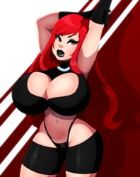 1girls big_breasts black_lipstick breasts cleavage cleavage_cutout eyelashes eyeshadow female female_only gemma_schwarz human human_only ladycandy2011 large_breasts long_gloves long_hair looking_at_viewer midriff red_hair solo solo_female stretching thighs thong