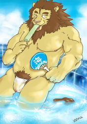 2009 anthro asian_clothing bathing belly bulge clothing east_asian_clothing felid food fundoshi genitals humanoid_hands japanese_clothing kemono lion male male_only mammal nipples overweight overweight_male pantherine penis popsicle pubes solo underwear v2wolf water