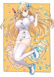 1girls alternate_costume blonde_hair gradient_eyes hair_ornament hairbow holding_object huge_breasts light-skinned_female light_skin lina_bell_roll_(michihasu) looking_at_viewer michihasu nurse nurse_cap nurse_uniform open_mouth original original_character pills solo solo_female syringe thighhighs thighs