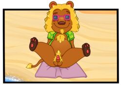 alpha_channel animal_crossing anthro beach belly blonde_hair body_hair bud_(animal_crossing) chest_hair eyewear felid genitals hair lion male male/male mammal neenya nintendo pantherine penis pubes seaside small_penis solo spread_legs spreading sunglasses towel video_games