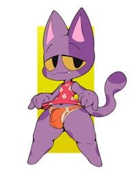 2020 animal_crossing anthro bob_(animal_crossing) briefs bulge ciavs clothed clothing clothing_lift cute_fangs domestic_cat felid feline felis flaccid floral_print fur genitals half-closed_eyes hi_res male male_only mammal narrowed_eyes nintendo penis pink_inner_ear purple_body purple_fur shirt shirt_lift solo standing thick_thighs topwear underwear video_games yellow_eyes