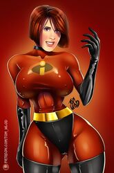 big_breasts bodysuit brown_hair cameltoe clothing disney elastigirl female female_only helen_parr mature_female milf nipples nipples_visible_through_clothing pixar shiny_clothes short_hair skin_tight smile smooth_skin solo solo_female solo_focus superheroine the_incredibles tom_wlod