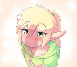 <3_eyes blonde_hair blush clothing elf femboy girly green_eyes hair heart hi_res hoodie hoodie_(artist) humanoid male male_only max_(hoodie) penis_awe penis_shadow ponytail shadow simple_background smile solo topwear white_body white_skin