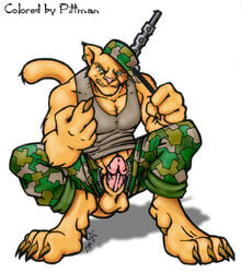 2001 animal_genitalia anthro anthro_only balls beckoning bottomwear brown_claws camo claws clothing ear_piercing ear_ring felid fur genitals gesture jax_the_bat male male_only mammal military_uniform no_humans open_pants orange_balls orange_body orange_fur pantherine pants penis piercing pink_nose pink_penis pittman sheath solo uniform unzipped yellow_eyes