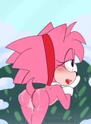 1girls amy_rose anus apinkgrape ass ass_up classic_amy_rose cum cum_in_ass cum_in_pussy cum_inside female hairgrape panties panties_aside panties_only panting pussy scarf sega showing_off sonic_(series) sonic_the_hedgehog_(series) thong tongue_out young