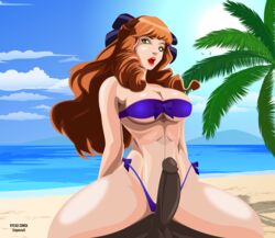 beach belly big_ass cute dark-skinned_male guinevere_(mobile_legends) huge_cock large_breasts mobile_legends pussy teenager vector_art vector_trace