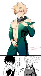 2girls adult_swim artist_request big_breasts blonde_hair clothed clothes costume_switch female_bakugou female_deku freckles genderswap_(mtf) green_clothing hero_outfit_(mha) izuku_midoriya katsuki_bakugou my_hero_academia red_eyes rule_63 short_hair sleeveless spiky_hair toonami very_short_hair white_background