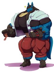 1boy 5_fingers 5_toes anthro anthrofied bara big_bulge big_muscles bobert bottomwear bulge clock clothing drinking_cup feet fingers furry hi_res holding_object huge_bulge huge_muscles hyper hyper_bulge hyper_muscles hyper_pecs kanti_(bobert) lucario male male_only moobs muscular nintendo original_character pants pokemon pokemon_(species) pokemon_dppt shirt shoeless sketch smile solo star_symbol toes topwear video_games watch what wristwatch