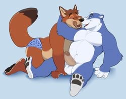 2boys all_fours anthro badger balls canid canine claws digital_media_(artwork) disney duo erection eye_contact fox fur gay genitals gideon_grey hair igiveyoulemons licking looking_at_another male male/male male_only mammal mostly_nude mustelid musteline nude open_mouth overweight pawpads paws penis self_lick simple_background sitting teeth tongue tongue_out underwear yaoi zootopia