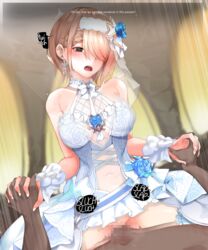 :o alternate_costume blurry blurry_background blush bouncing_breasts breasts bridal_veil bride censored cowgirl_position dark-skinned_male dark_skin dress earrings english_text eyebrows_visible_through_hair eyelashes eyes_visible_through_hair female flower gimnang glint hair_flower hair_ornament hair_over_one_eye highres holding_hands honkai_(series) honkai_impact_3rd interracial jewelry large_breasts leg_hold lips mole mole_under_eye mosaic_censoring nose open_mouth penis petals red_eyes rita_rossweisse rita_rossweisse_(vow_of_roses) sex short_hair smile solo_focus sound_effects straddling straight sweat sweatdrop vaginal_penetration veil wedding_dress white_dress wrist_cuffs