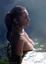 alone art big_breasts big_nose black_hair breasts brushwork celebrity cleavage eyes_open female gravure half_nude long_hair looking_away model modeling nude nude_female paint painting painting_(artwork) ponytail saaya_irie serious side_ponytail side_view water