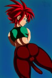 ass back balls big_ass big_penis dragon_ball dragon_ball_xenoverse femboy glans looking_at_viewer looking_back male male_only original_character penis red_hair red_pants saiyan see-through_clothing smile spread_legs super_saiyan super_saiyan_god thick_thighs thighs tight_clothing tight_pants trap wetlaw