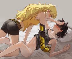 bedsheets black_hair blake_belladonna blonde_hair canon_couple cat_ears catgirl disheveled fingering fingering_partner fingering_pussy kimosugimasu kimosugimasu_(artist) long_hair metal_arm naizo_(kimosugimasu) prosthetic prosthetic_arm rwby short_hair yang_xiao_long yuri