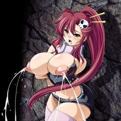 1girls areolae belt breast_hold cleavage erect_nipples female female_only fingerless_gloves hair_ornament hotpants kantori lactation large_breasts ponytail puffy_nipples red_hair shorts tengen_toppa_gurren_lagann yellow_eyes yoko_littner