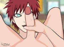 2boys between_legs big_penis blowjob cyan_eyes erect_penis excited eye_covered gaara gay happy limzu male male/male male_only naruto naruto_(series) naruto_shippuden no_pupils pov pupilless_eyes red_hair veins yaoi